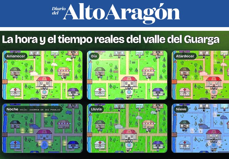 Cabecera del Diario del AltoAragón y el mapa de Sandia Village con la hora y el tiempo reales del valle del Guarga, de su noticia