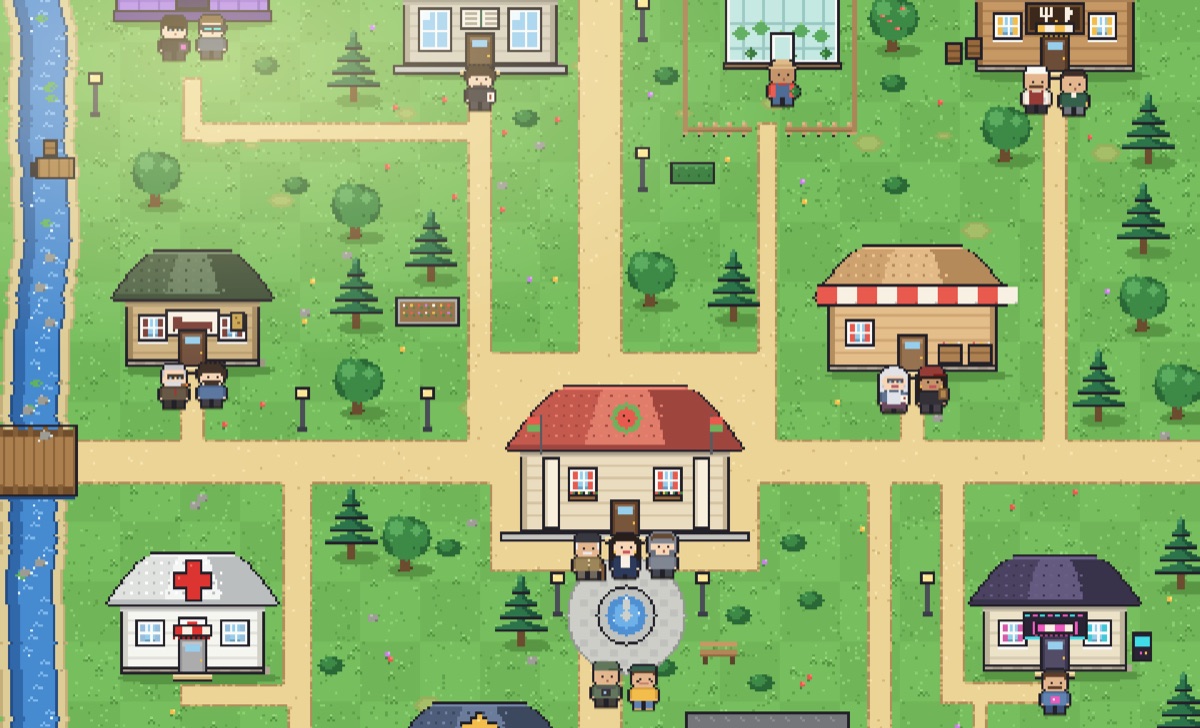 El pueblo de Sandiás en pixel art un día de sol, con sus vecinos